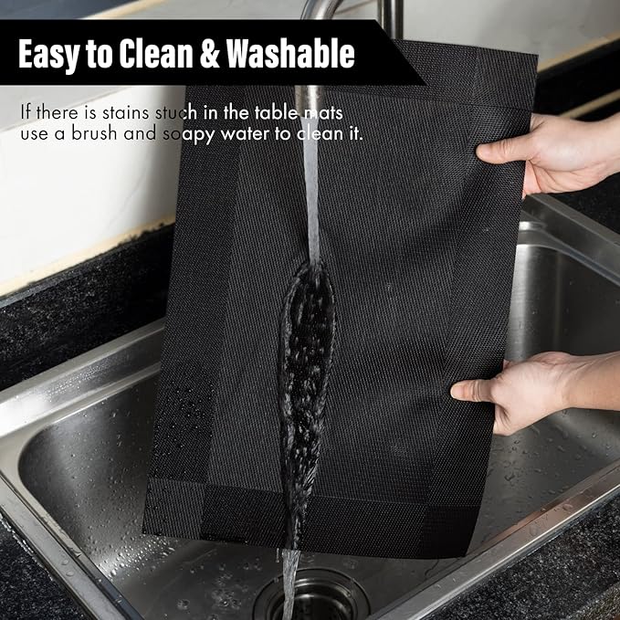 Winknowl Placemats Set of 4, Washable Vinyl Woven Placemats, Heat Resistant & Wipeable Table Mats for Kitchen Dining Table (Black)