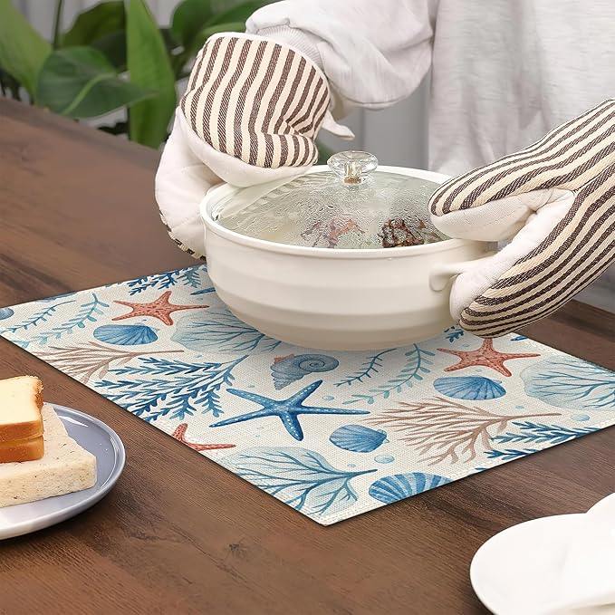 Placemats12x18 Inch,Beach Seashell Placemats,Coral Starfish Kitchen Dining Coffee Table Mats Set of 6 for Home Indoor Outdoor Party