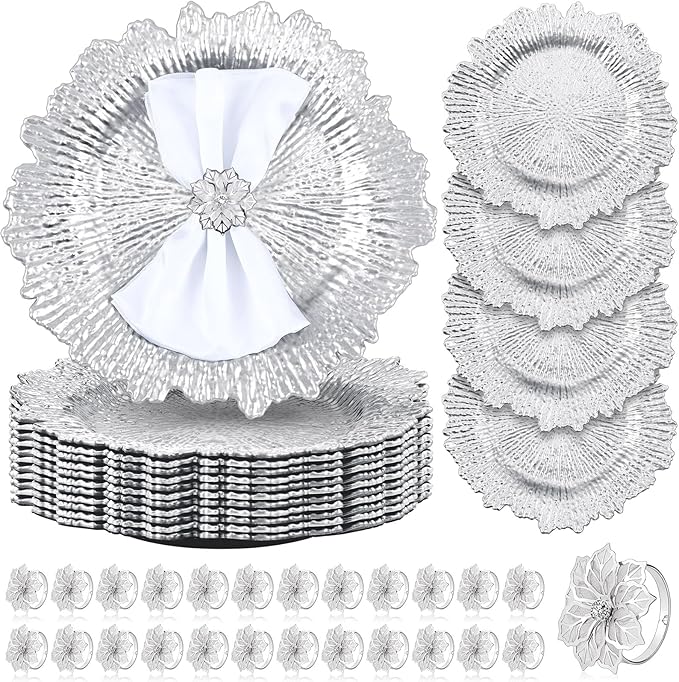 Dandat 48 Pcs Charger Plate Bulk 13'' Floral Reef Plates with Napkin Ring Plastic Dinner Charger Hollow Out Flower Napkin Holder Plastic Plate for Table Setting Wedding Party (Silver)