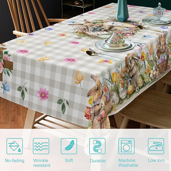 Easter Tablecloth 60 x 104 Inch Rectangle, Easter Bunny Table Cloth Buffalo Check Plaid Kitchen Table Cover for Dining Room Spring Oblong Tablecloth Indoor Decor
