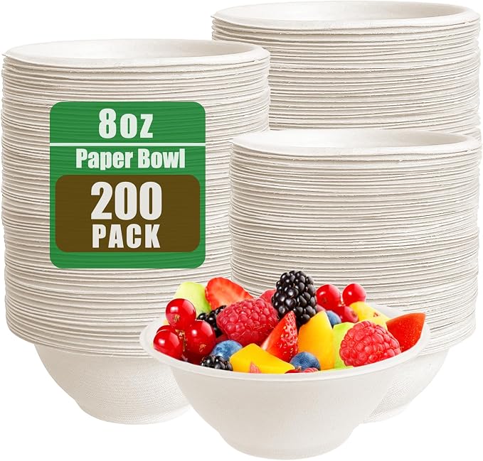 Tiaiidi 200 PACK White Paper Bowls, 8 oz Compostable Disposable Bagasse Bowls by Tiaiidi