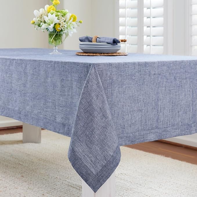 Solino Home Linen Tablecloth 60 x 90 Inch - 100% Pure Linen Chambray Indigo Table Cloth for Rectangle Tables - Athena, Machine Washable Tablecloth for Spring, Easter