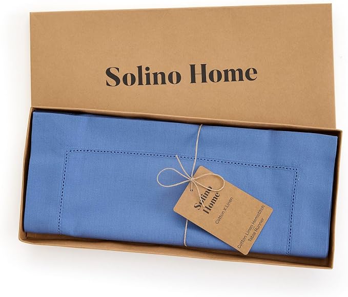 Solino Home Cotton Linen Table Runner Blue, Hemstitch Collection 14 x 48 in | - Image 5