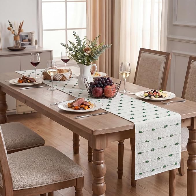 Artoid Mode Dark Green Boho Farmhouse Cotton Woven Table Runner, Seasonal - Image 5