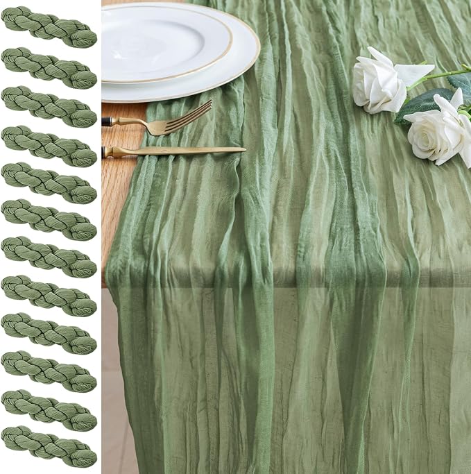 Cheesecloth Table Runner 10FT 12Pcs Sage Green Boho Gauze Sheer Runners | by Xiomot