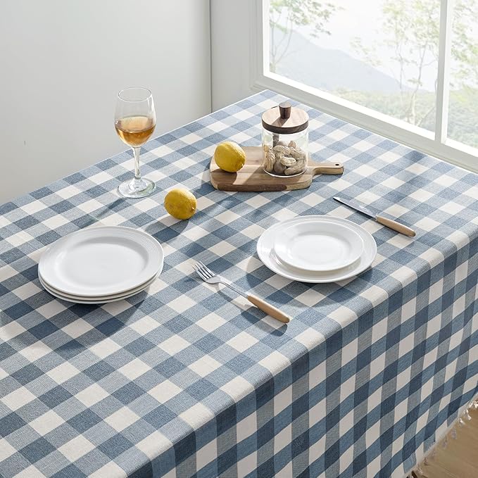 Softalker Checkered Tablecloth Square, Outdoor Linen Cotton Gingham Table Cloth with Tassel, Heavy Duty Wrinkle Free Buffalo Plaid Table Cover for Kitchen Dining Home Party - 55 x 55 Inch, Blue