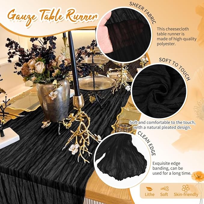 Showgeous 4 Pack Black Cheesecloth Table Runner, 17 x 108 Inches | Boho - Image 3