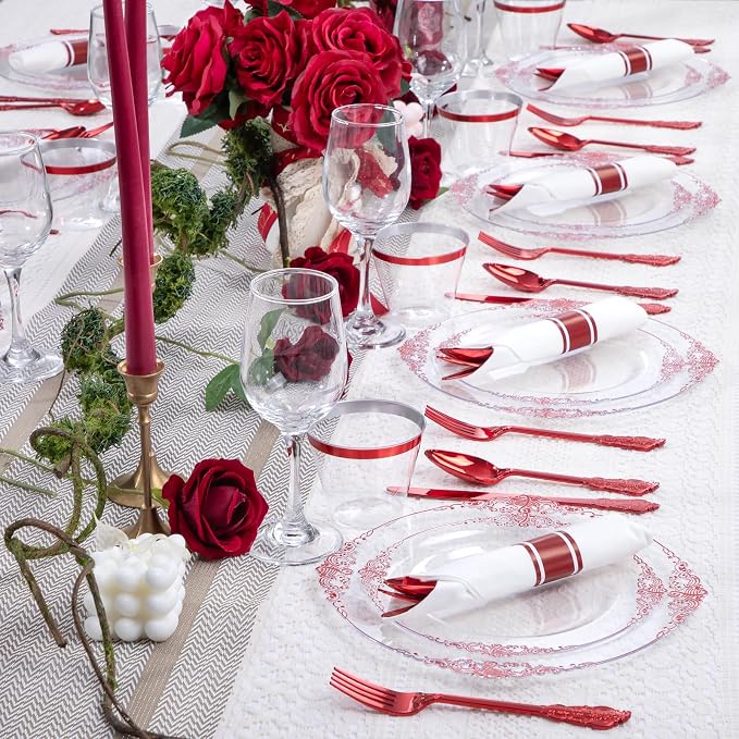 175 Pcs Clear Red Plates for Party | Red Party Plates Set for 25 Guests - Image 4