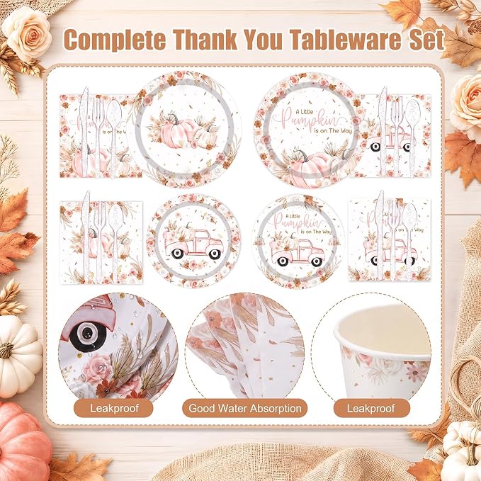 450 Pcs Little Pumpkin Baby Shower Set Decorations, Serves 50 | Pink A Little - Image 3