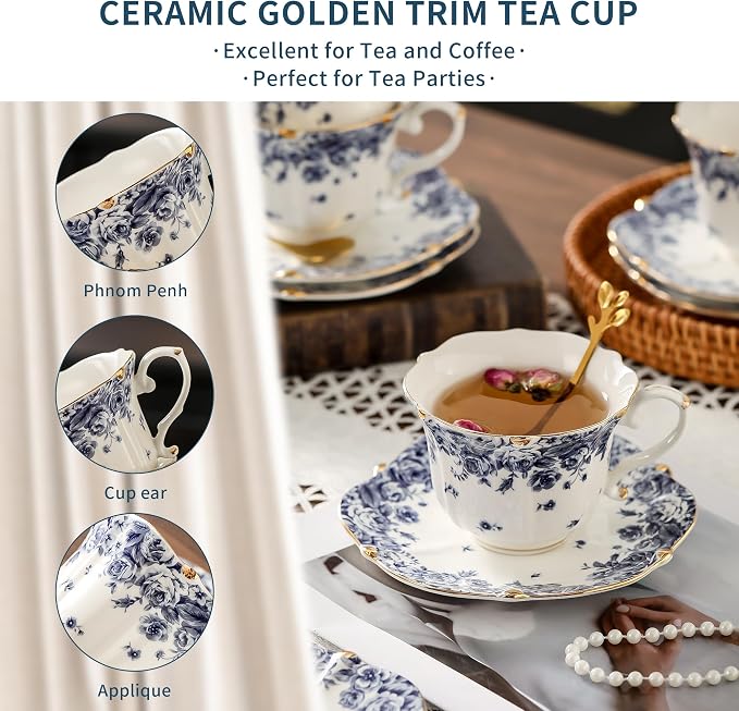 TATSUMI Country Roses Bone China Tea Cup and Saucer Set, 6 Pieces, Vintage Style - Image 5