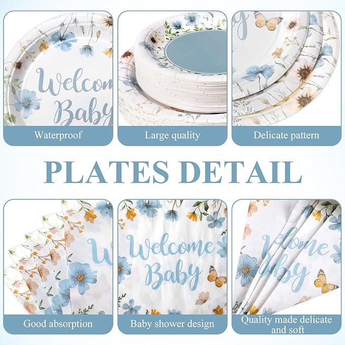 Pickmesh 250 Pcs Blue Floral Baby Shower Party Supplies Decorations Serve 50 - Image 2