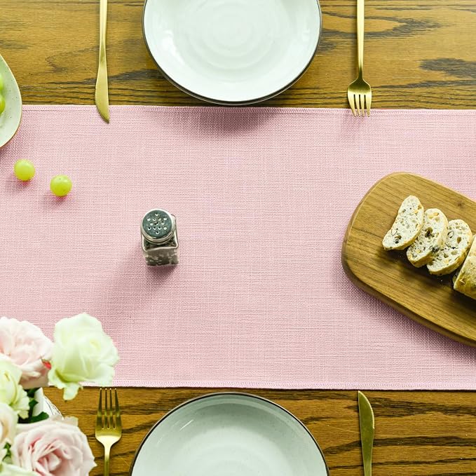 Artoid Mode Blush Pink Tassel Table Runner, Linen Blend Rustic Farmhouse Style - Image 3