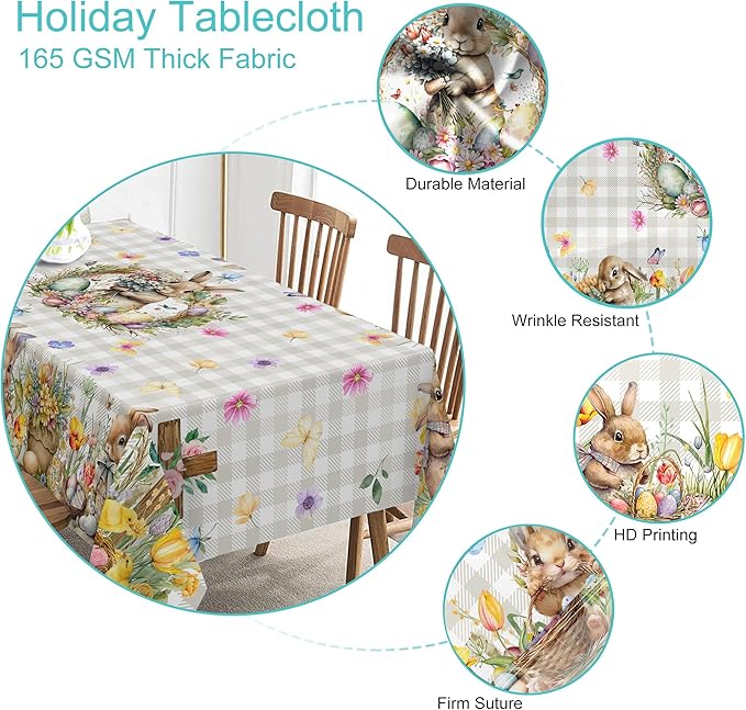 Easter Tablecloth 60 x 104 Inch Rectangle, Easter Bunny Table Cloth Buffalo Check Plaid Kitchen Table Cover for Dining Room Spring Oblong Tablecloth Indoor Decor
