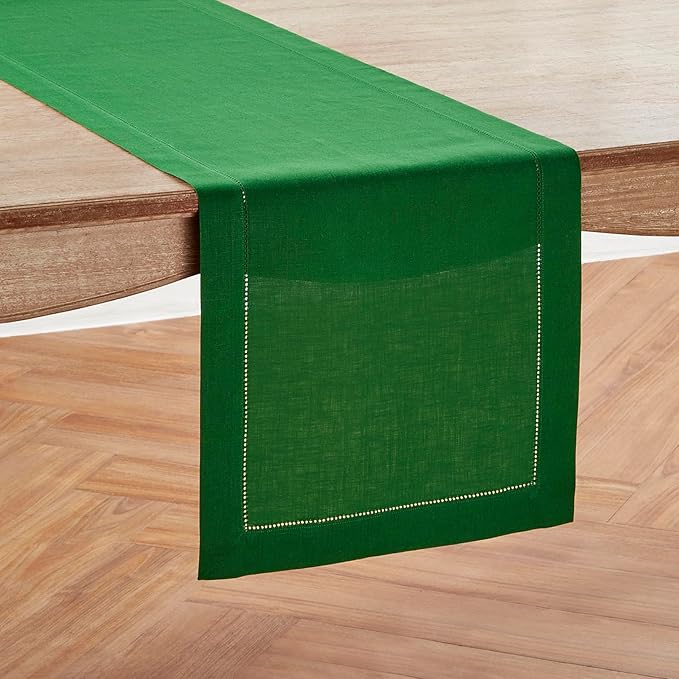 Solino Home Linen Table Runner 48 Inches - 100% Pure Linen Garden Green Hemstitch Table Runner 14 x 48 Inch Ideal for Dresser and Coffee Tables - Classic Hemstitch - Winter, St Patricks Day, Easter
