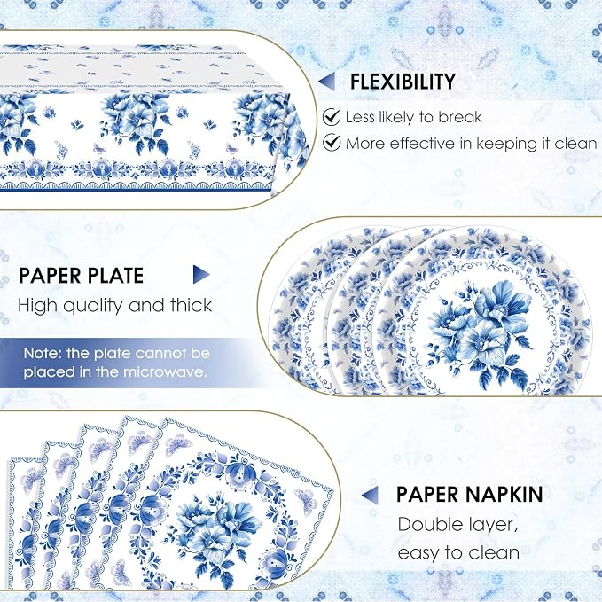 41Pcs Blue White Floral Party Decorations Disposable Tableware Set Serves 20 - Image 4