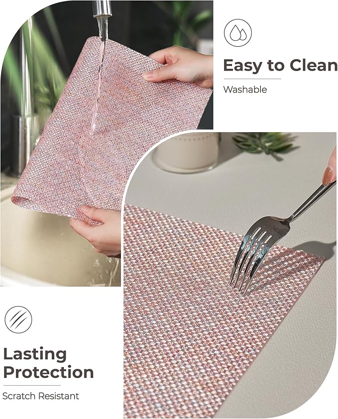 Leetaltree Luxury Pink Iridescent Placemats Set of 12 - Waterproof Washable for Wedding, Anniversary, Festive and Daily Use - Sparkling Table Mats Table Decor - Hand-Cut