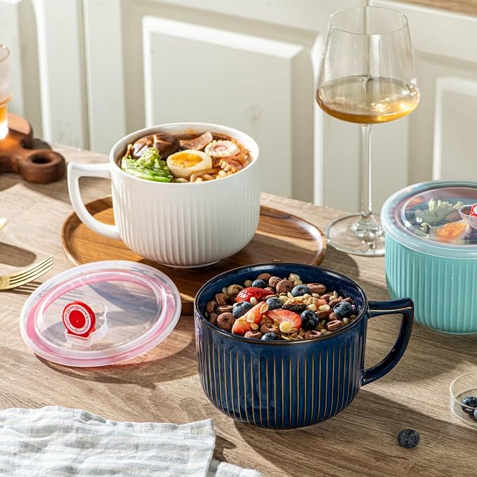 Ceramic Soup Bowl with Handle&Lid, Jumbo 38oz Microwave Ramen Bowl Set of 2 | - Image 6