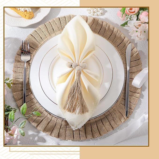 Gejoy Round Burlap Placemats Wood Bead Napkin Rings - Image 4