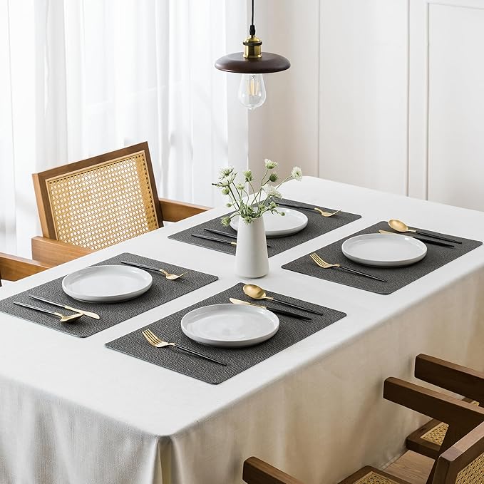 Jovono Faux Leather Placemats Set of 6, Waterproof Washable Table Mats, Easy-Clean Heat Resistant Kitchen Vinyl Place Mat for Dining Table, Restaurant, Indoor, 17.8"x11.8", Gray