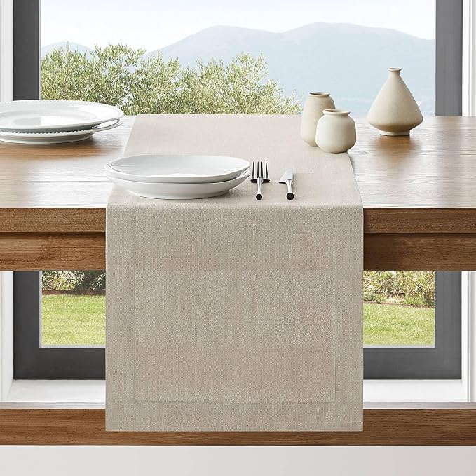 Linen Textured Border Table Runner, 14 x 36 Inch Natural | Mitered Corner Design by ZEEMARTONLINE
