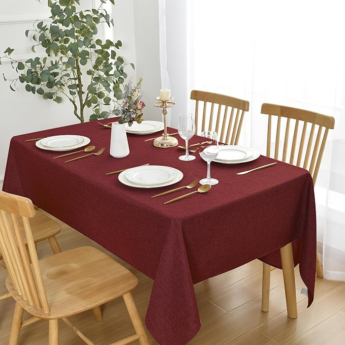 JIUZHEN Red Faux Linen Farmhouse Tablecloth Rectangular, Wrinkle Stain Resistant Table Cloth Rectangle Tablecloth Table Cover for Kitchen Dining, 54 x 108 Inch