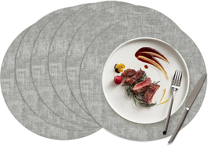 15 inch Faux Leather Round Placemats Set of 6 Non-Slip Washable Wipeable Table Mats, Heat Resistant Waterproof Oilproof Grey Place Mats for Kitchen, Dining, Party, Indoor, Outdoor