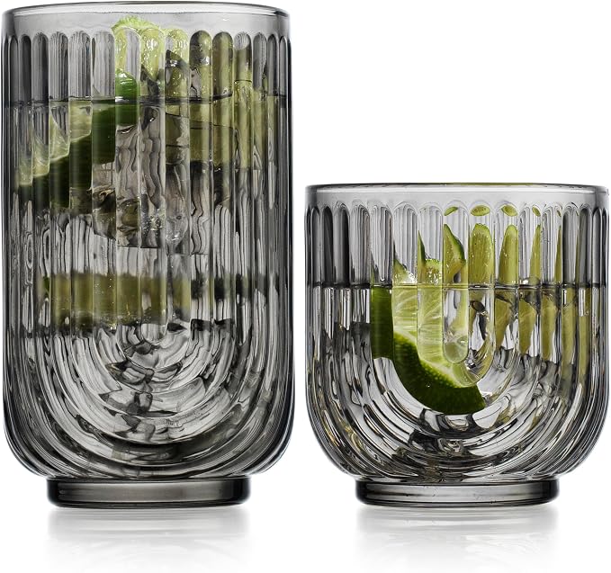 16 Piece Smoke Glassware Set, Beautiful Art Deco Black Drinking Glasses by Glavers