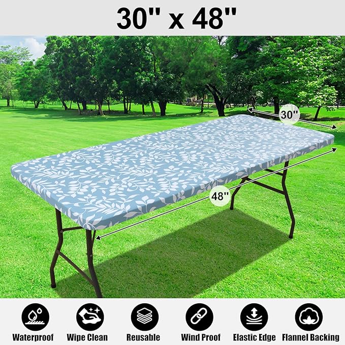 Smiry Rectangle Table Cloth Cover, Waterproof Elastic Fitted Picnic Tablecloth for 4 Foot Tables, Wipeable Flannel Backed Vinyl Tablecloths for Camping, Dining, Outdoor (Baby Blue, 30" x 48")