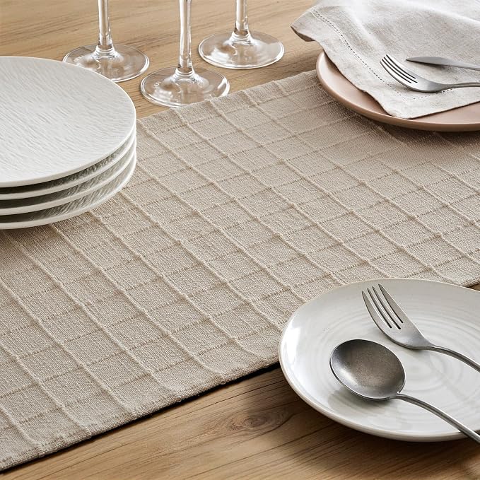 Artisanal Grid Linen Table Runner, 13x90 Inches Neutral Beige | Heavy Textured - Image 6