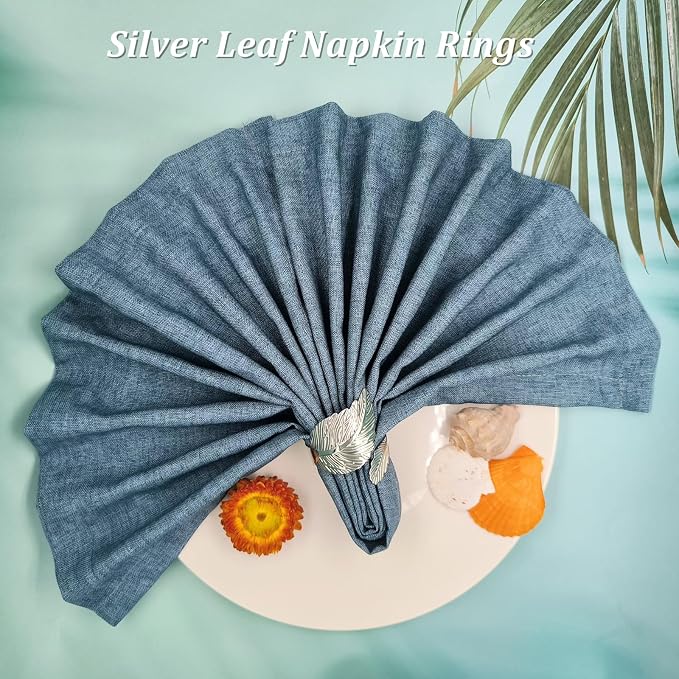 Silver Napkin Rings Set of 12, Shiny Metal Leaf Napkin Ring Silver Napkin Holder - Image 4