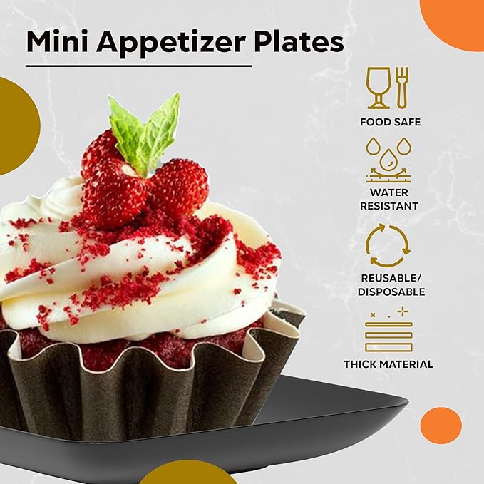 Exquisite Tiny Mini Dessert Plates - 120 Pack 2.4 In. x 2.4 In. Black Disposable Appetizer Plates - Small Plastic BPA Free for Weddings