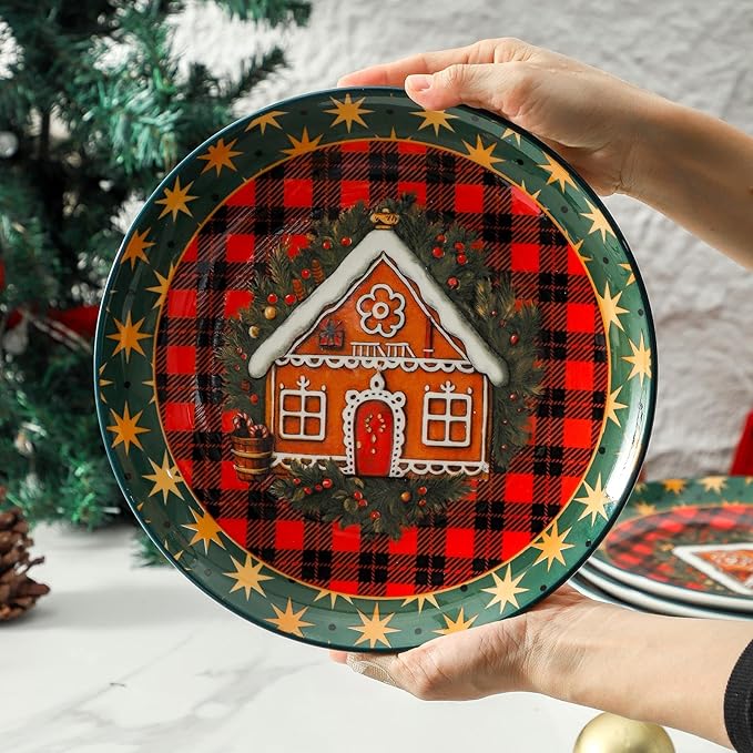 Ceramic Dinner Plates Set of 6,Stoneware 10 Inch,Microwave,Dishwasher and Oven Safe,Porcelain Dessert Plates for Steak,Dishes Set for Kitchen,New Year Gift,Scratch Resistant,Christmas