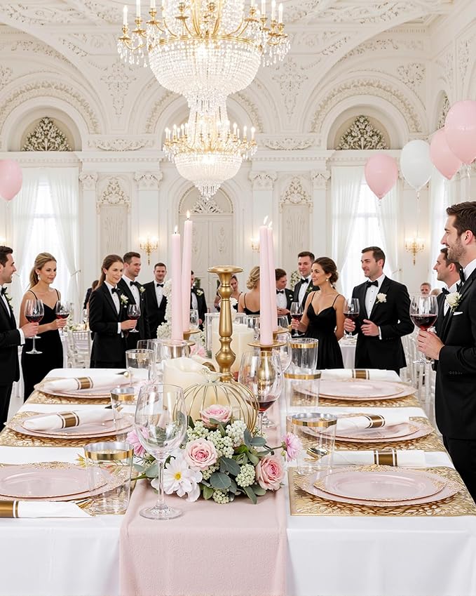 Nervure 700PCS Pink Gold Plastic Plates - Pink Plastic Dinnerware Sets for 100 Guests - 200 Disposable Plates, 300 Silverware, 100 Cups, 100 Napkins for Wedding, Birthday & Party
