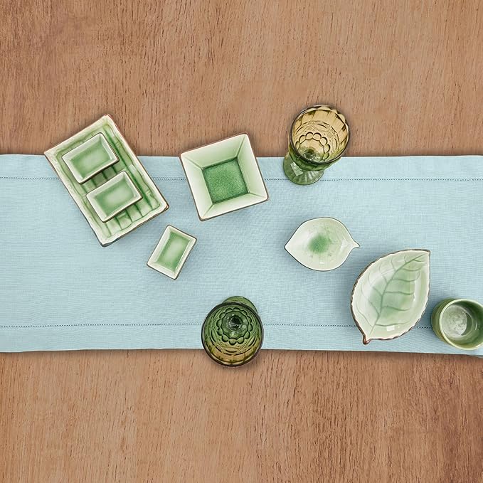 Solino Home Linen Aqua Blue Table Runner 72 Inches Long - 100% Pure Linen Hemstitch Table Runner 14 x 72 Inch for Dresser, Dining, Spring, Easter, Winter - Classic Hemstitch