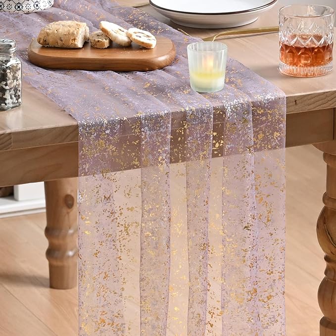 Artoid Mode Grayish Purple Gold Gauze Table Runner 120 Inch 10FT, Glitter Metallic Foil Sheer Dining Wedding Anniversary Holiday Birthday Table Decor for Home Party