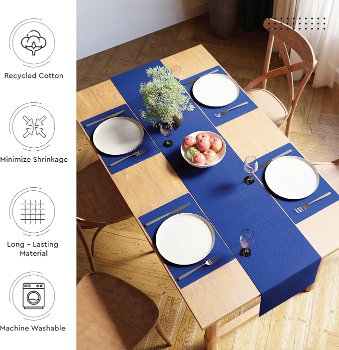 Encasa XO Table Runner, Yarn Dyed Ribbed Cotton 13"x79" | Solid Blue, 12-Ply - Image 3