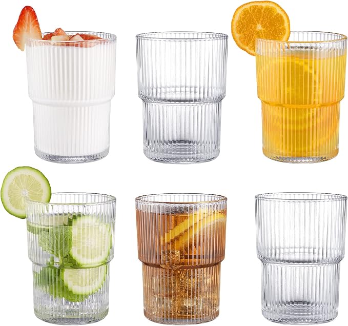 6PCS Ribbed Drinking Glasses, 14Oz Stackable Glass Cup Set by BJMEDYM