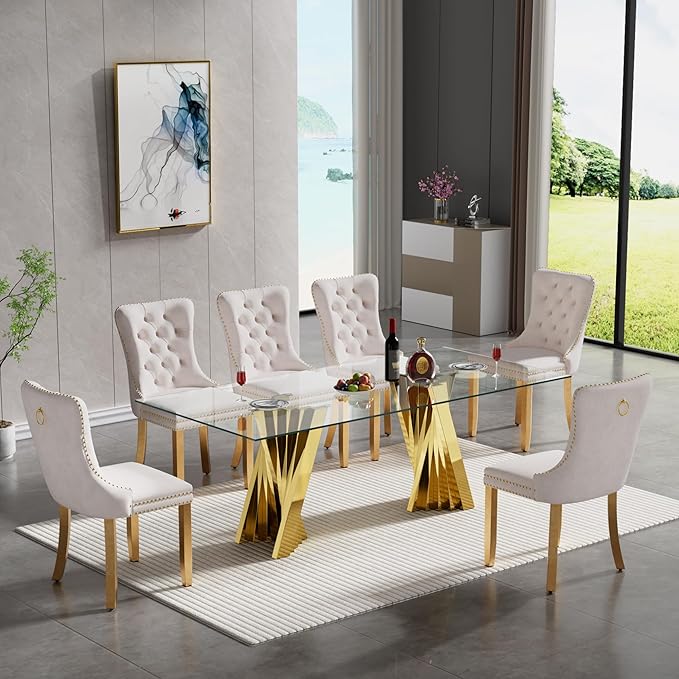 7 Piece Glass Dining Table Set,70" Dinner Room Glass Table Set for 6,Modern Kitchen Dinner Table Set with Stainless Steel Base and 6 Upholstered Velvet Dining Chairs for Living Dining Room
