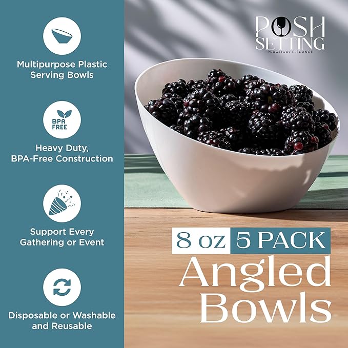 Posh Setting - White Plastic Serving Bowls for Party Angled Bowls Disposable Chip Bowls Candy Bowls for Party Table Salad and Fruit Bowls for Party Wedding Serving Bowls - White, 8 OZ, 5 Pack