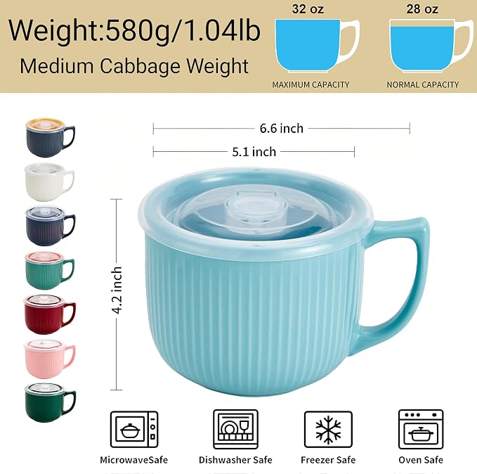 Ceramic Soup Bowl with Handle & Lid, 32oz Microwave Ramen Bowl Set of 2 | Blue - Image 2
