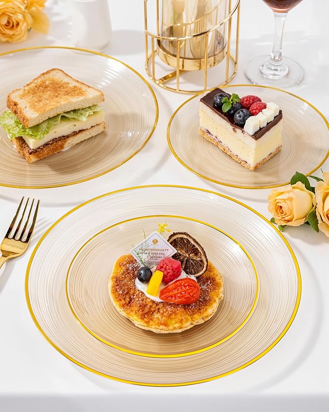 Morejoy 100Pcs Brown Plastic Plates, Clear Coffe Disposable Plates With Gold Rim,Heavy-Duty Brown Plates, Gold Dinnerware Set Include 50 Dessert-plates,50 Dinner-plates for Party & Christmas