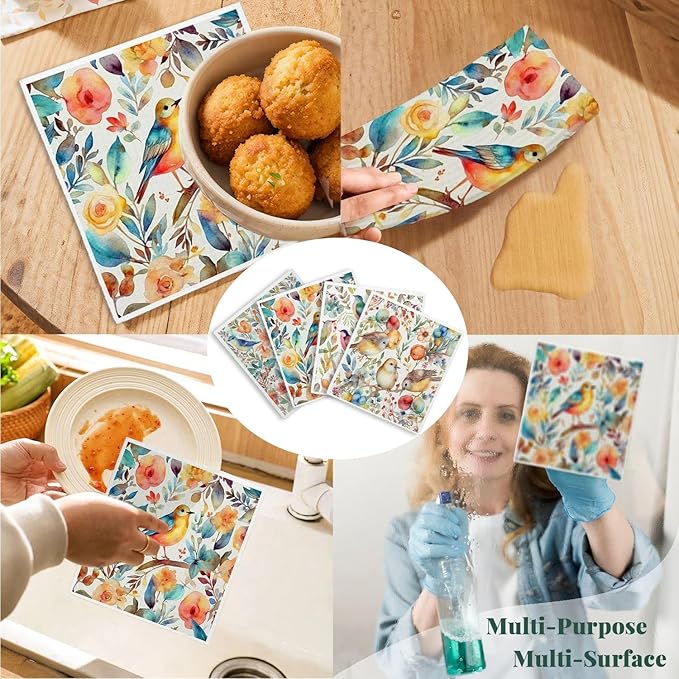 Vintage Bird Flowers Swedish Dishcloths for Kitchen, Papaya Reusable Paper Towels, 4 Pack Watercolor Dish Towels for Kitchen, Swedish Dish Cloths, Reusable Paper Towels Washable