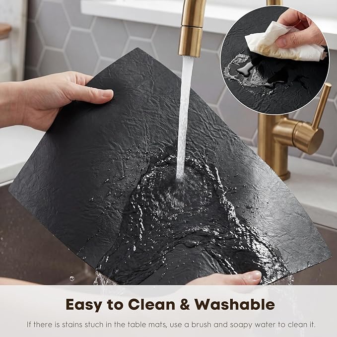 Artoid Mode Black Faux Leather Placemats Set of 6, 12x18 Inch Waterproof Wipeable Heat Resistant Vinyl Place Mats, Reversible Table Mats for Kitchen Dining Decor