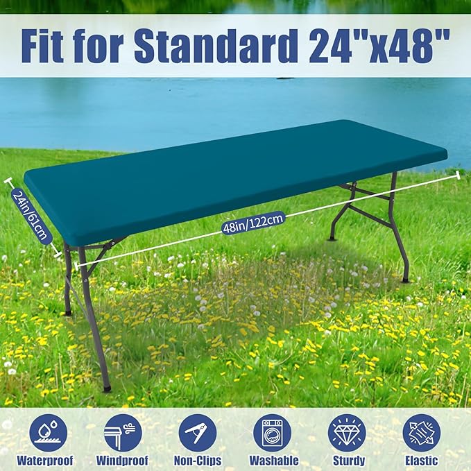 Spandex 4 Foot Rectangle Table Cloth 2 Pack, Elastic Fitted Tablecloths for Picnic, Stretch Washable Patio Table Cover for Outdoor, Camping, Banquet and Parties (Peacock Blue, 24"x48")
