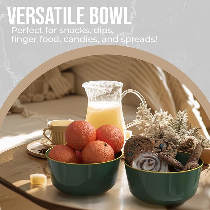 Trendables Disposable Bowls - 24 Oz Set of 50, Green Gold Rimmed Fancy Serving Bowls, Perfect for Ice Cream, Salad, and Candy