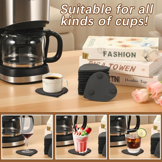 48 PCS Slate Drink Coasters Bulk,4 Inch Black Slate Stone Coasters for Office, Home Decor,Laser Engraving Blanks with Anti-Scratch Bottoms for Coffee Bar Kitchen Heart