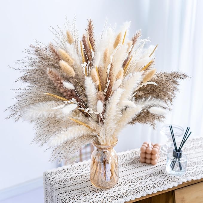 120PCS Natural Pampas Grass Mix Bouquet | Dried Pampas Bouquet for Wedding Boho Flowers Home Table Decor Desk Decor, Rustic Farmhouse Decor (120PCS)