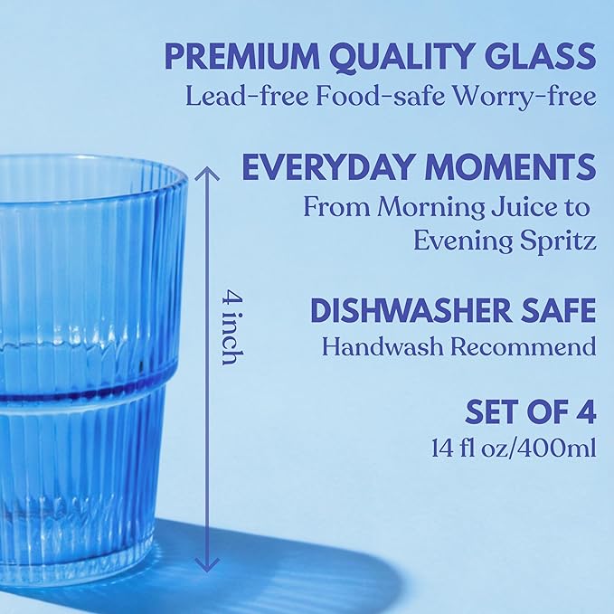 Blue Ribbed Drinking Glasses, 14 fl oz Glass Cups Set of 4 | Aesthetic Style - Image 3