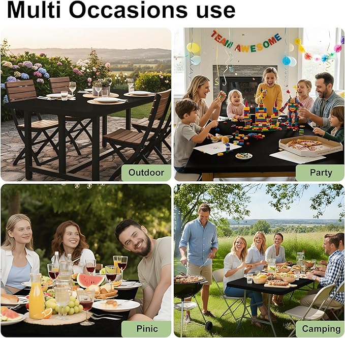 Smiry Rectangle Tablecloth, Elastic Fitted Flannel Backed Vinyl Tablecloths for 8ft Folding Tables, Waterproof Wipeable Table Covers for Indoor, Outdoor, Picnic and Camping (Black, 30"x96")