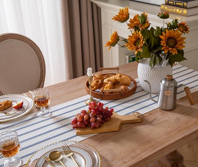 Caflife Boho Table Runner 90 Inchs Long Blue and Beige, Cotton and Linen Woven - Image 5